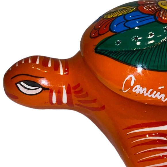 Mexican Pottery Trinket Box Turtle Orange Hand Painted Cancun Red Clay - Picture 2 of 5